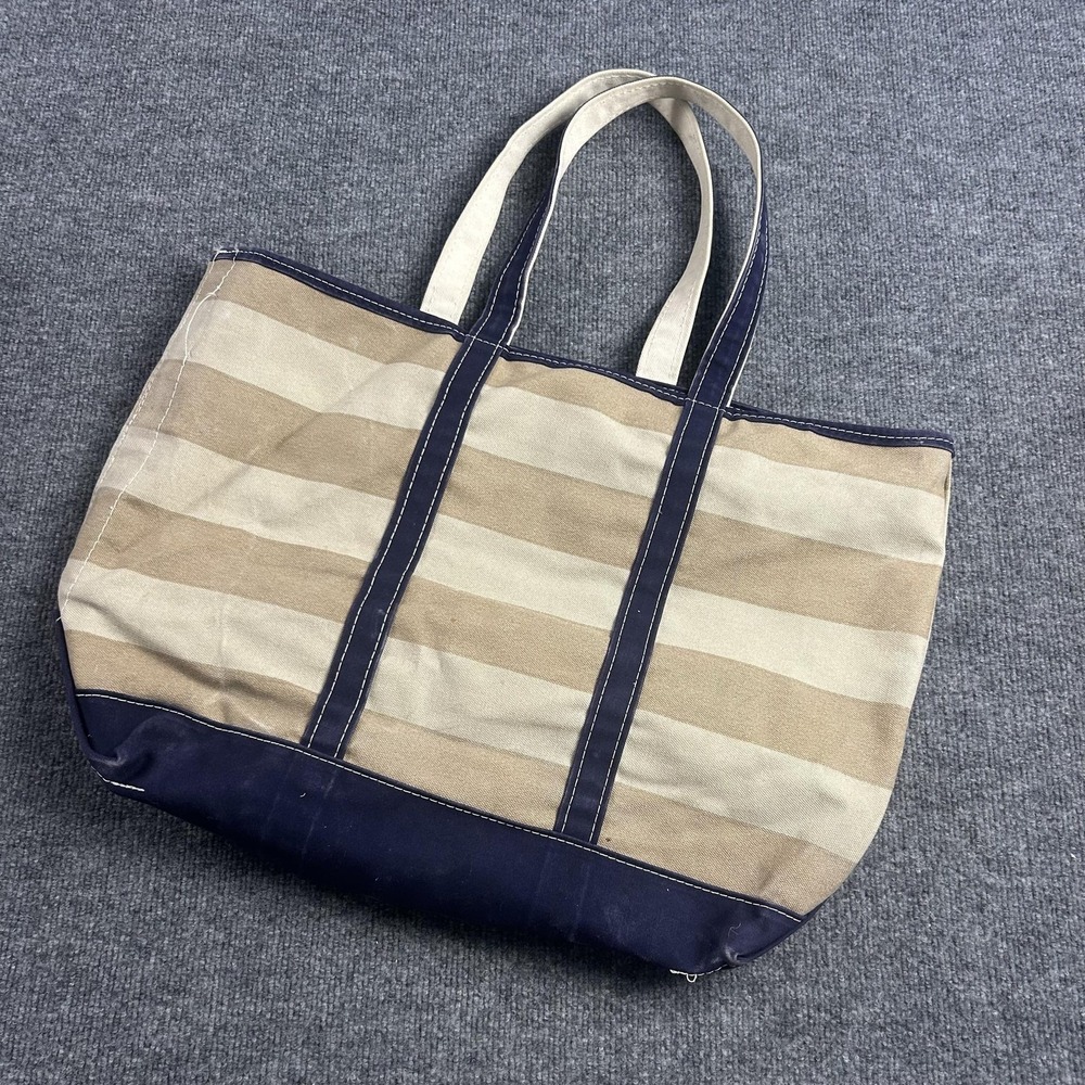 LL Bean Boat And Tote Bag Womens Large Beige Stripe Canvas Zip Top Made USA